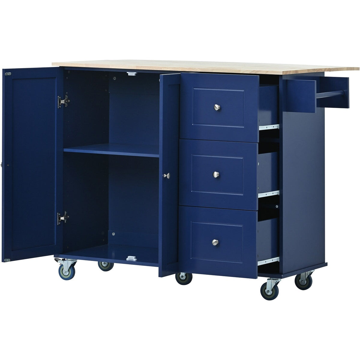 Bybafun Blue Mdf Base with Wood Top Rolling Kitchen Cart (29.5-in x 52.76-in x 36.81-in)