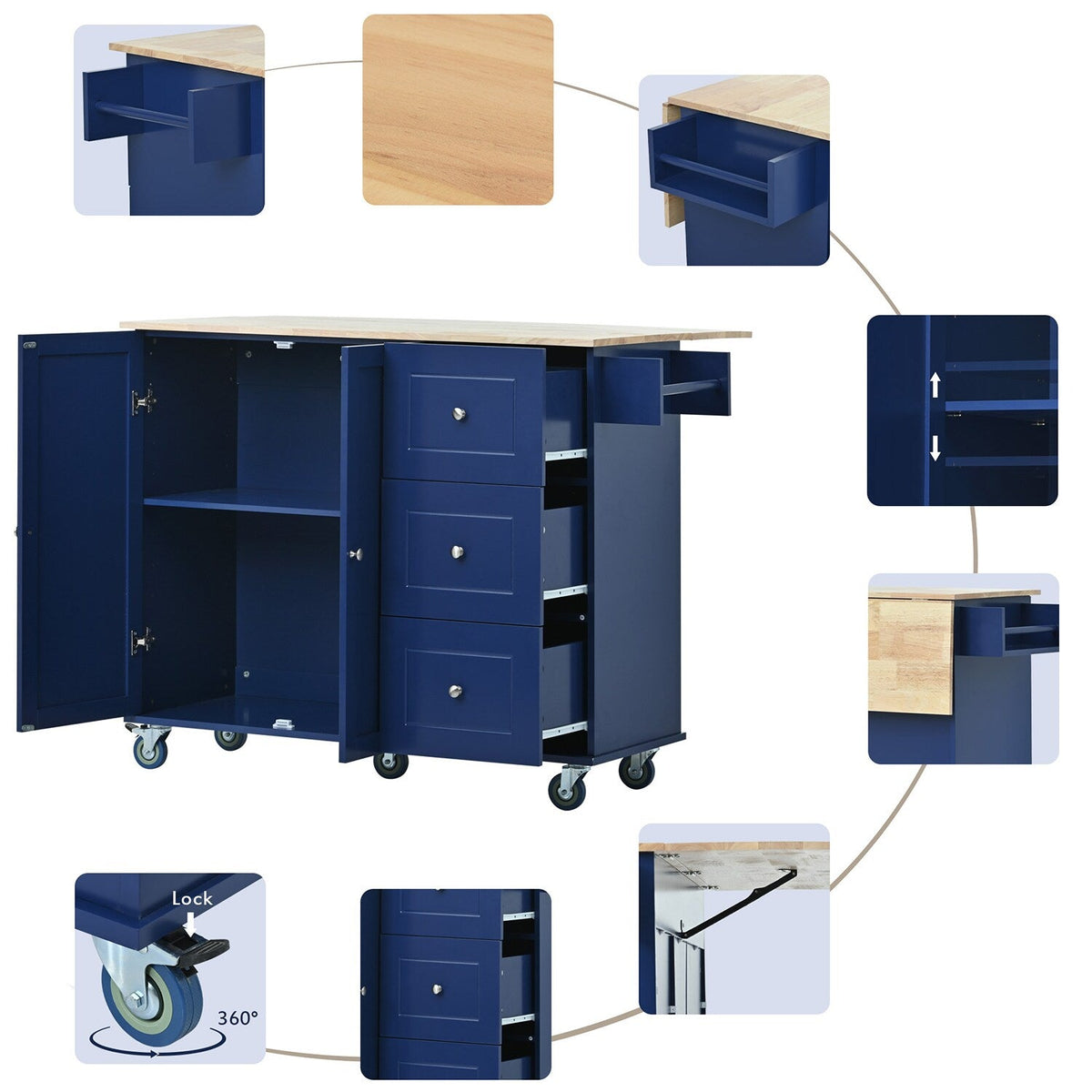 Bybafun Blue Mdf Base with Wood Top Rolling Kitchen Cart (29.5-in x 52.76-in x 36.81-in)