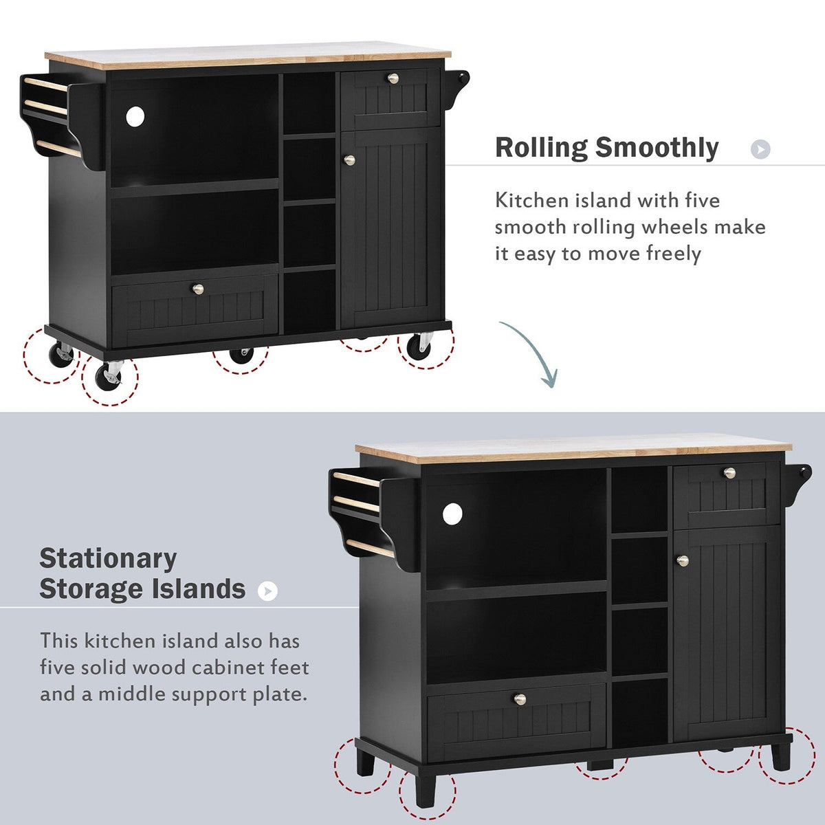 Bybafun Black Mdf Base with Wood Top Rolling Kitchen Cart (18.1-in x 50.8-in x 36.2-in)