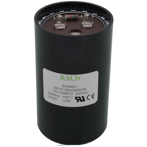 Lennox 63A06 capacitor - front view (Voltage: 330v; MFD: 176-216)