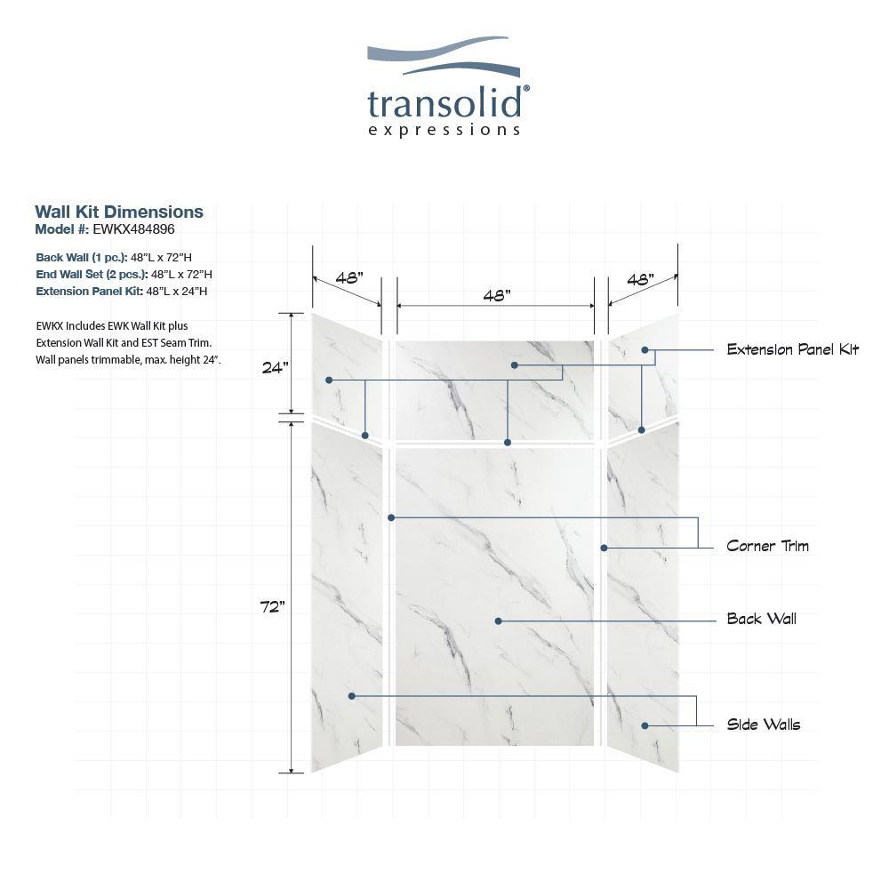 Expressions 48 in. x 48 in. x 96 in. 4-Piece Easy Up Adhesive Alcove Shower Wall Surround in Bianca - Super Arbor