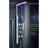 53 in. 4-Jet Shower Panel System with Shelf LED Rainfall Waterfall Head Handshower and Bidet Sprayer in Silver Black