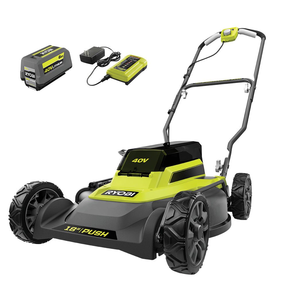 RYOBI 40V 18 in. 2-in-1 Cordless Push Lawn Mower Kit with 6.0Ah Lithium Battery and Charger