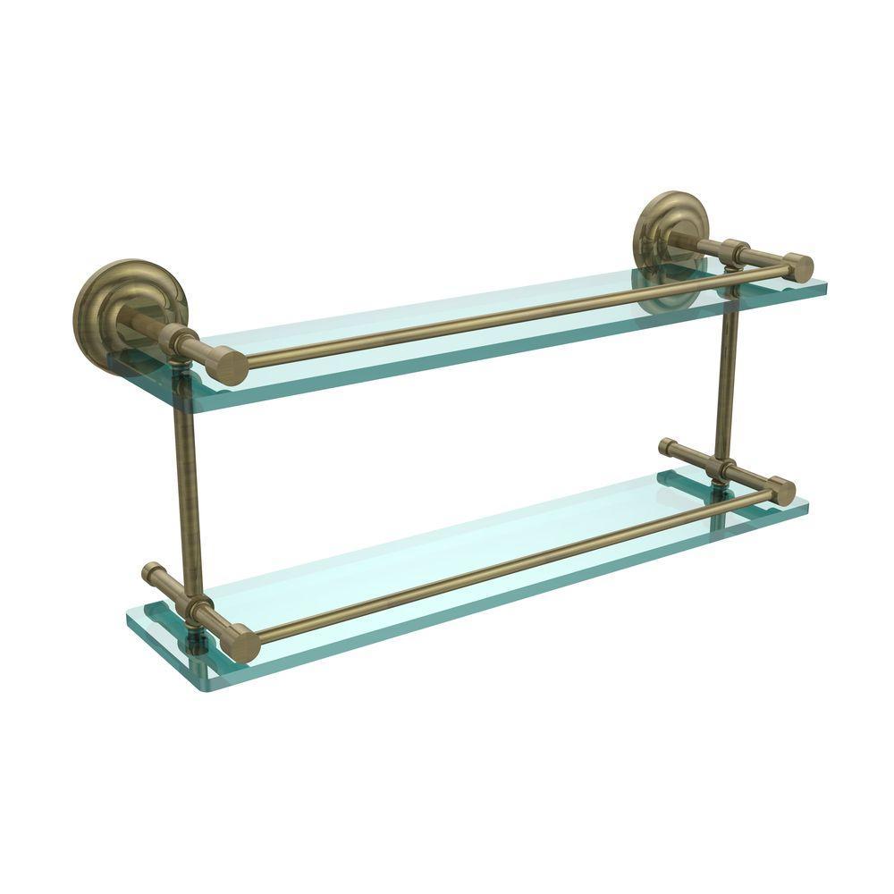 Que New 22 in. L x 8 in. H x 5 in. W 2-Tier Clear Glass Bathroom Shelf with Gallery Rail in Satin Nickel - Super Arbor
