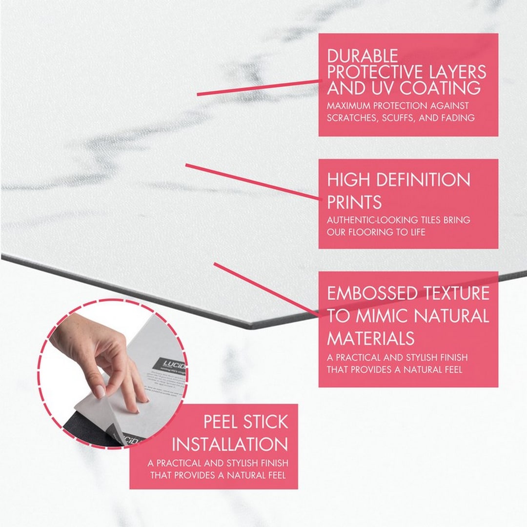 Lucida USA White Marble Look 12-mil x 6-in W x 6-in L Waterproof Peel and Stick Vinyl Tile Flooring (0.6-sq ft/ Piece)