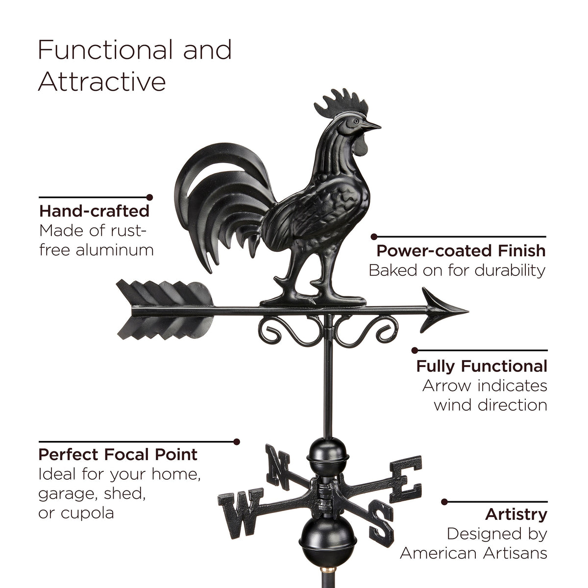 Good Directions Manchester Vinyl Cupola with Black Aluminum Roof and Black Rooster Weathervane, 26-in W x 59-in H
