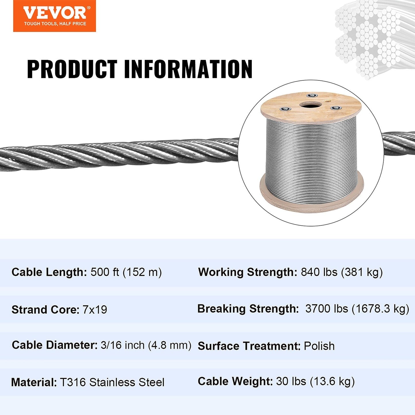 VEVOR 500-ft Silver Stainless Steel Cable