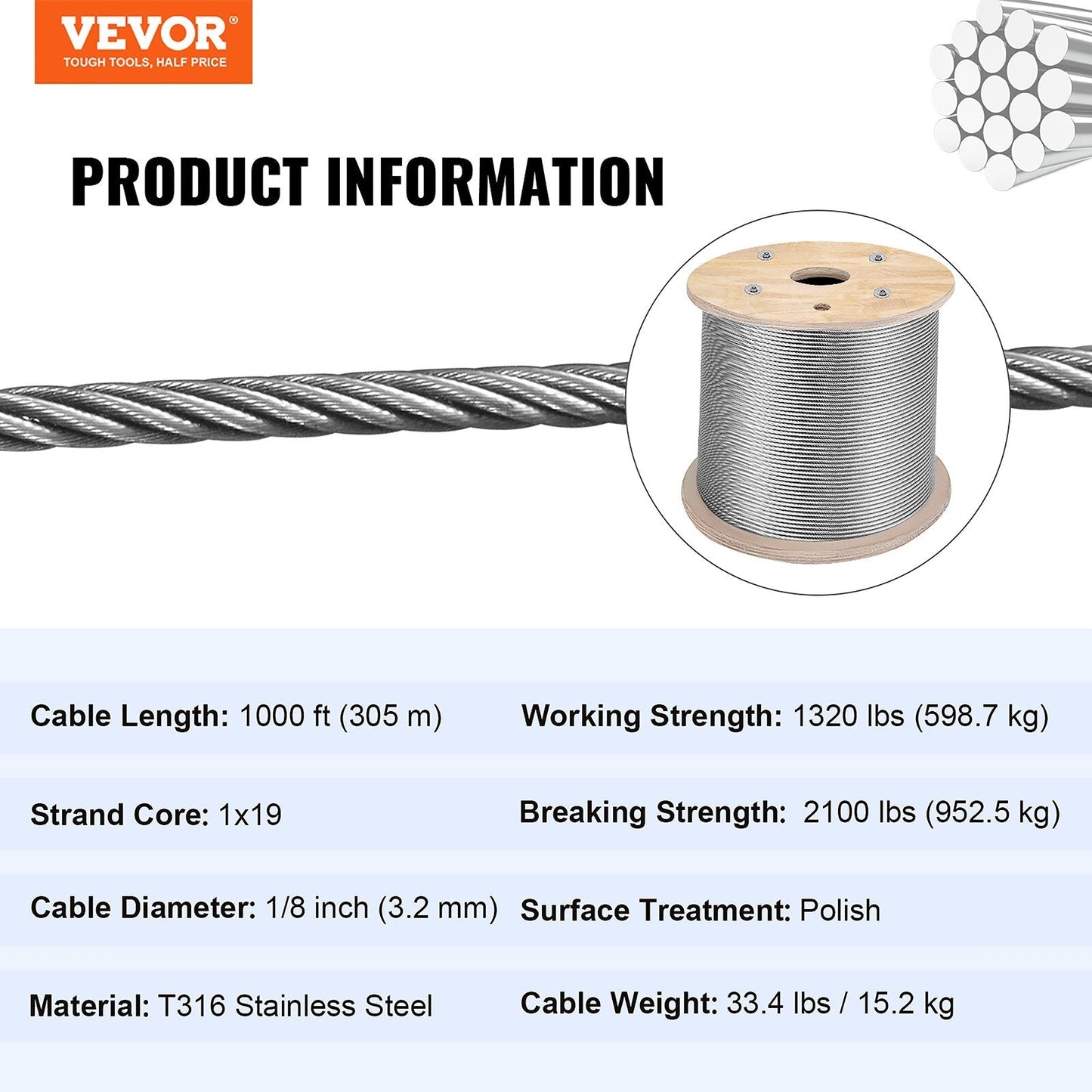VEVOR 1000-ft Silver Stainless Steel Cable