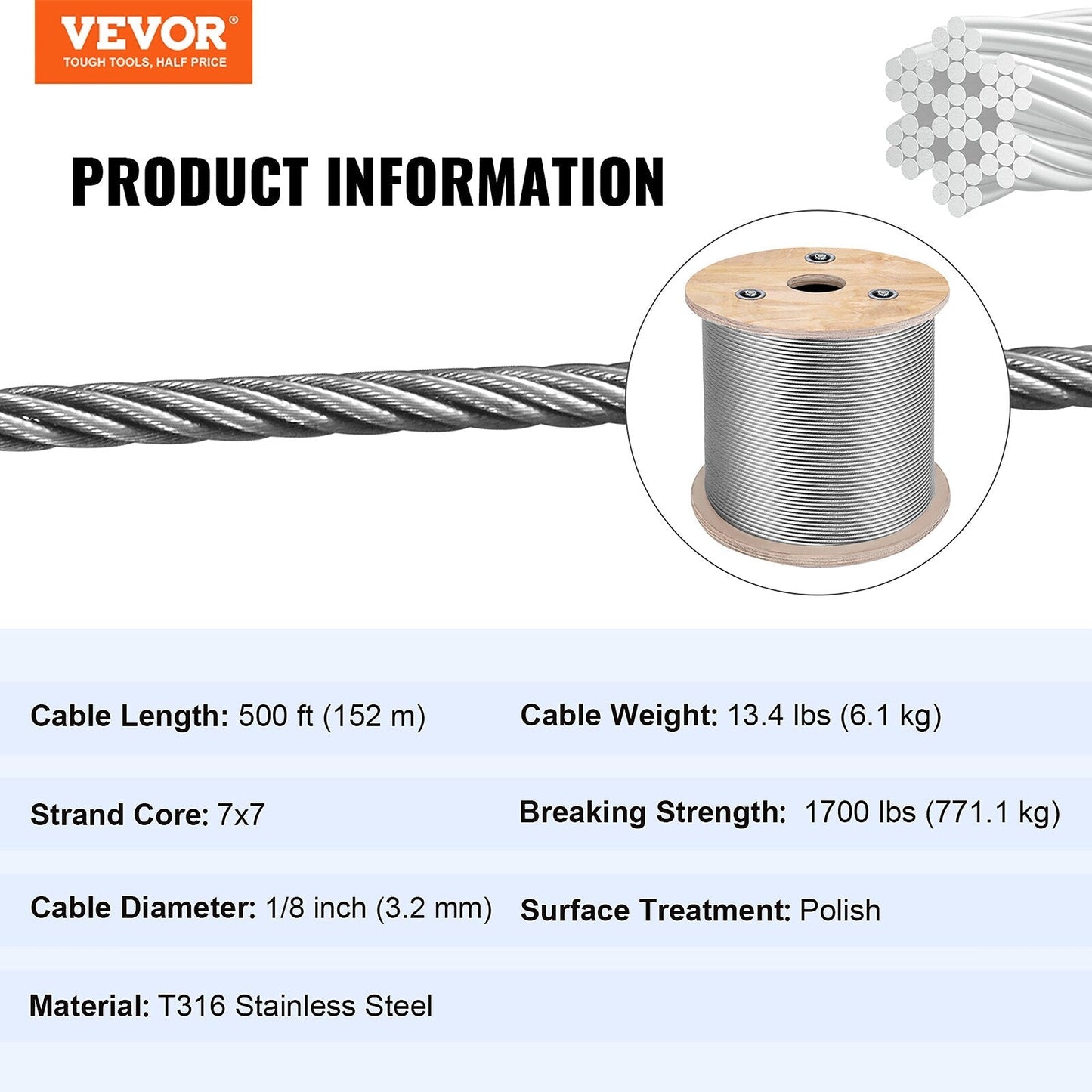 VEVOR 500-ft Silver Stainless Steel Cable