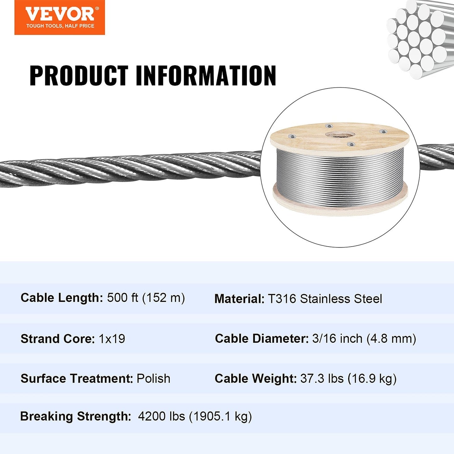 VEVOR 500-ft Silver Stainless Steel Cable