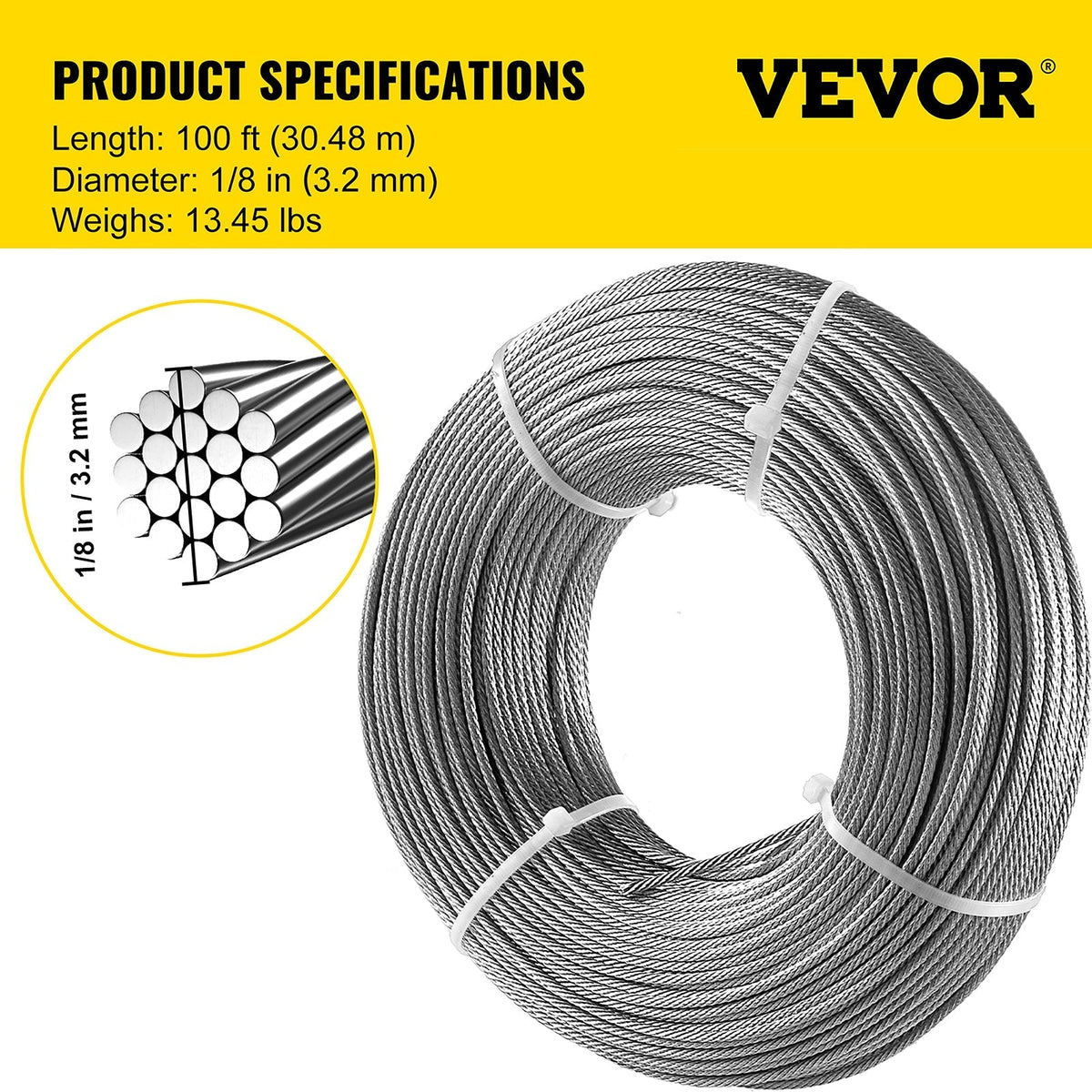 VEVOR 100-ft Silver Stainless Steel Cable