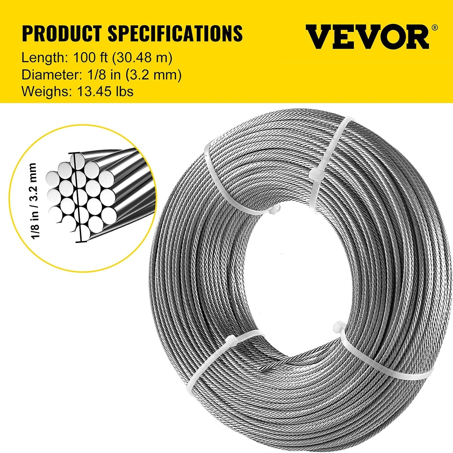 VEVOR 100-ft Silver Stainless Steel Cable