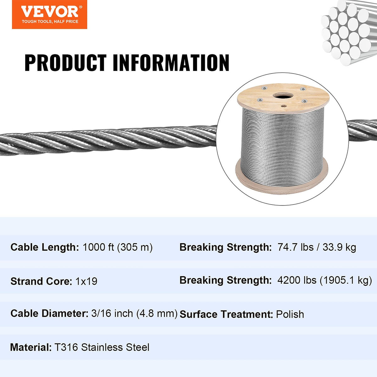 VEVOR 500-ft Silver Stainless Steel Cable