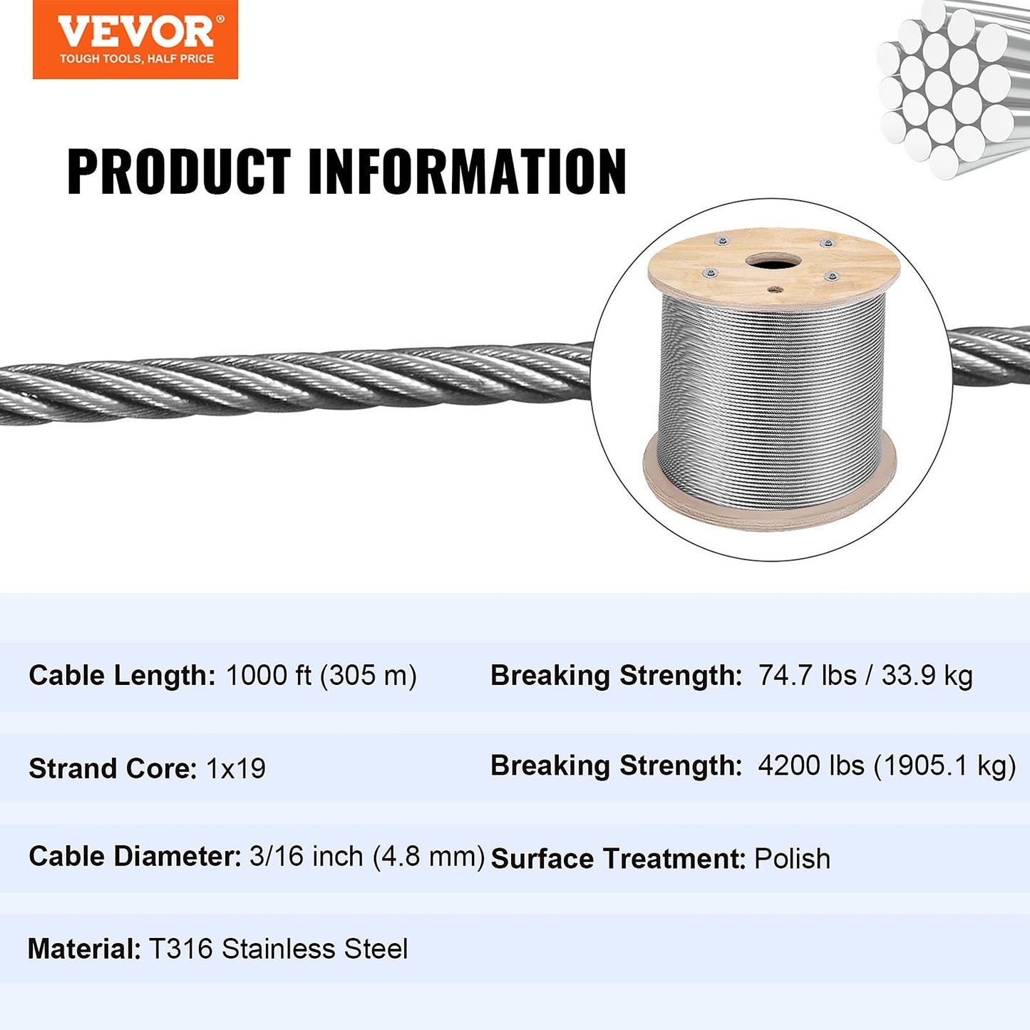 VEVOR 500-ft Silver Stainless Steel Cable