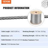 VEVOR 500-ft Silver Stainless Steel Cable