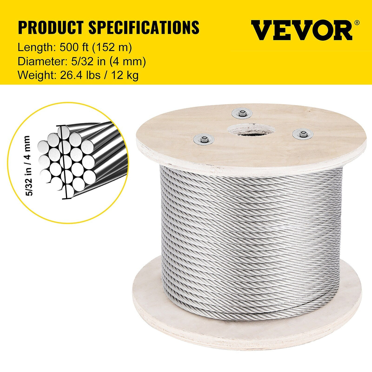 VEVOR 500-ft Silver Stainless Steel Cable