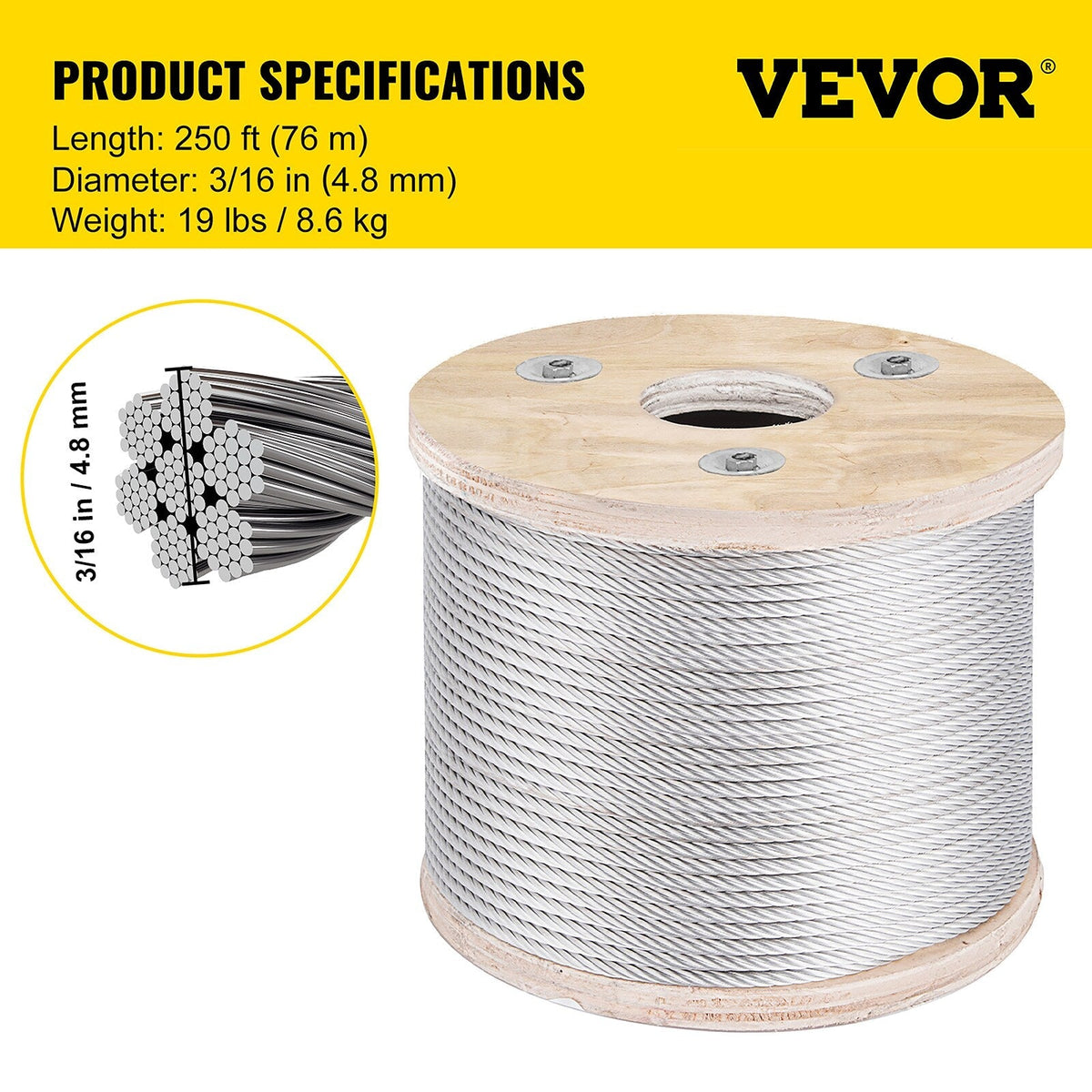 VEVOR 250-ft Silver Stainless Steel Cable