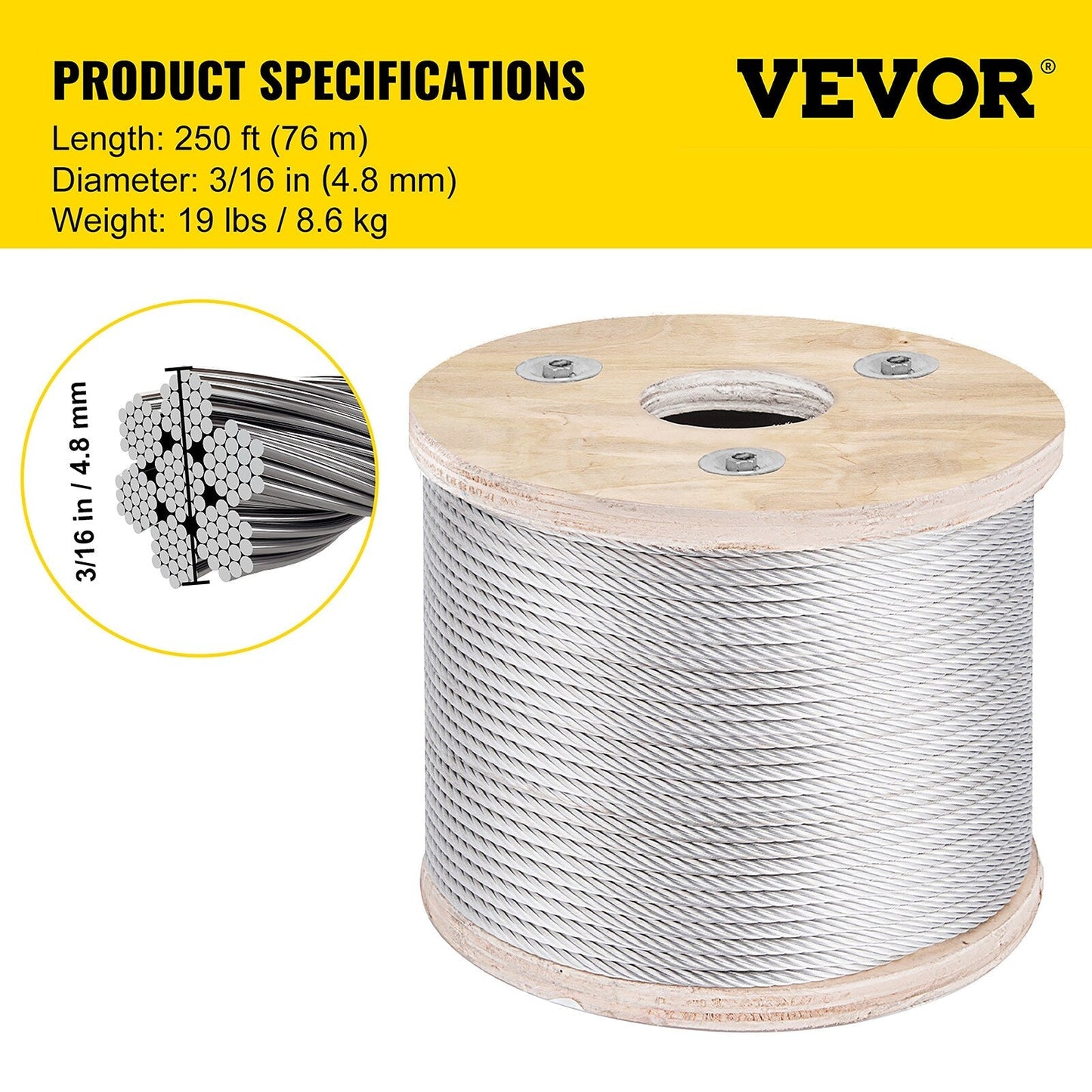 VEVOR 250-ft Silver Stainless Steel Cable