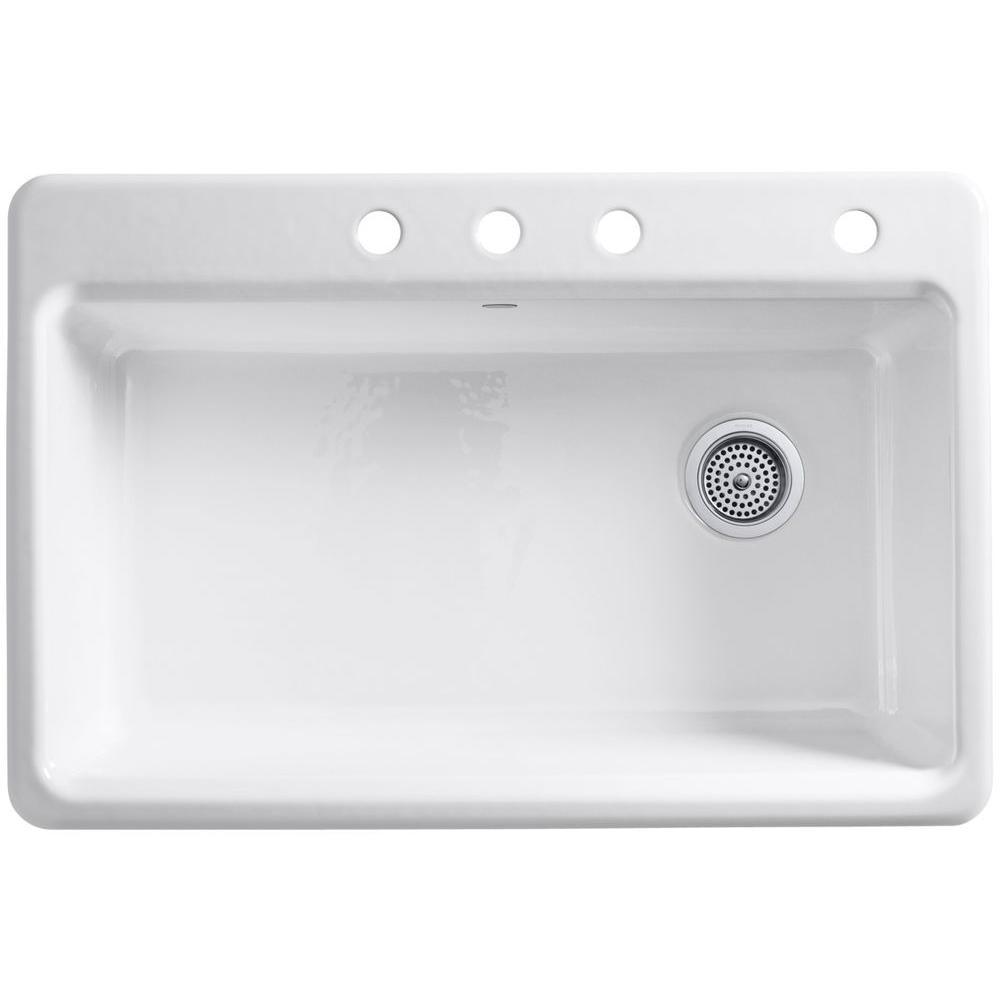 Riverby Workstation Drop-In Cast Iron 33 in. 4-Hole Single Bowl Kitchen Sink Kit with Included Accessories in White - Super Arbor