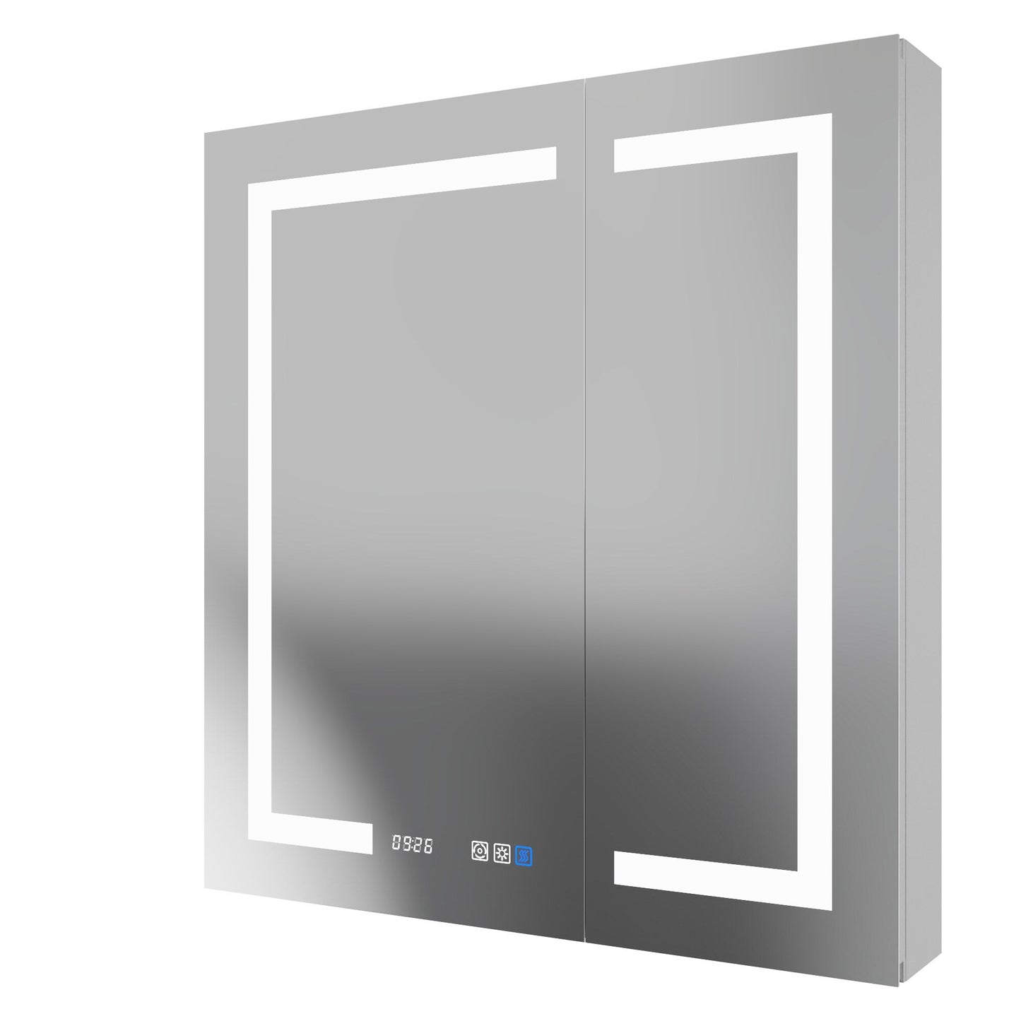 ExBrite 30-in x 32-in Lighted LED Fog Free Surface/Recessed Mount Silver Mirrored Soft Close Medicine Cabinet with Outlet