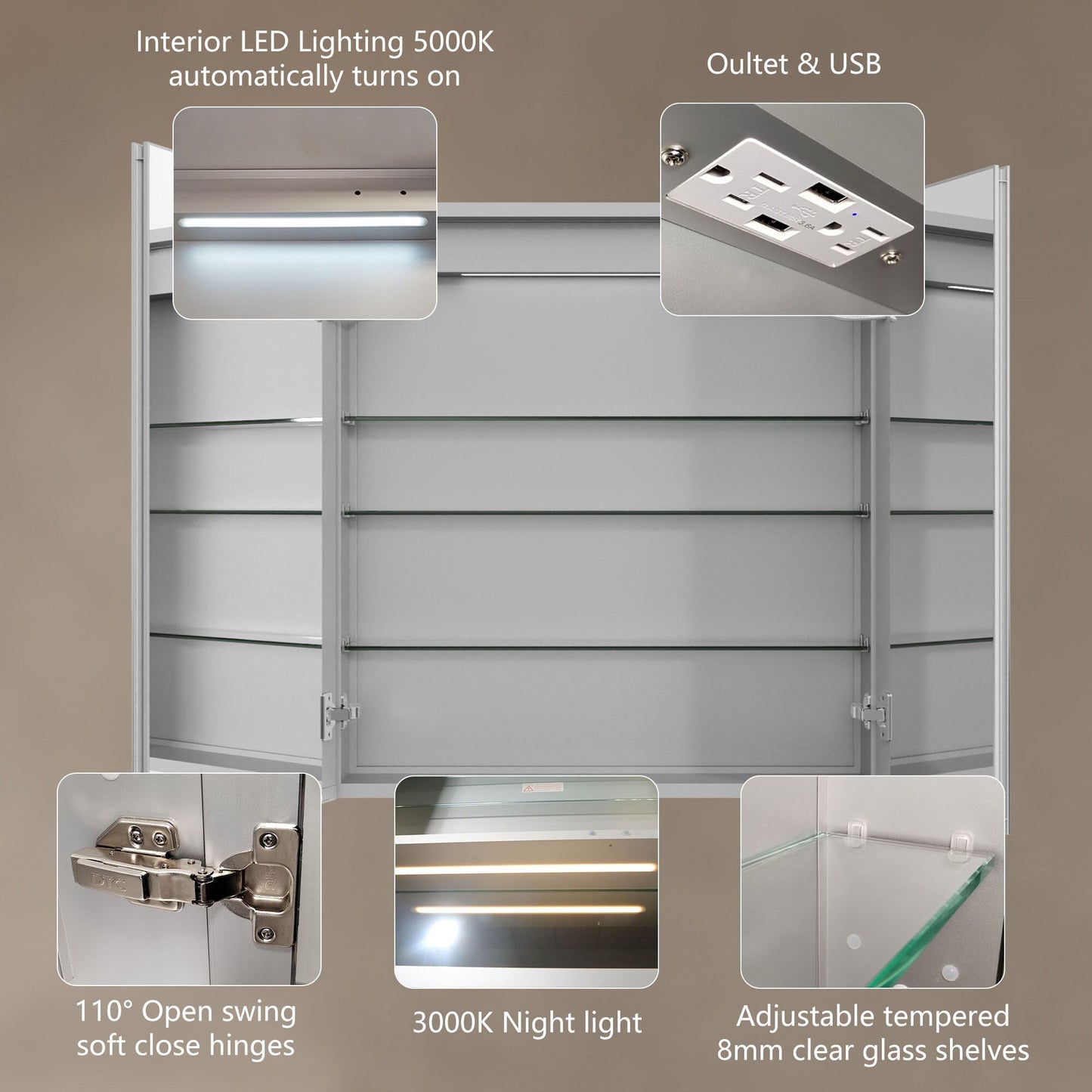 ExBrite 30-in x 32-in Lighted LED Fog Free Surface/Recessed Mount Silver Mirrored Soft Close Medicine Cabinet with Outlet
