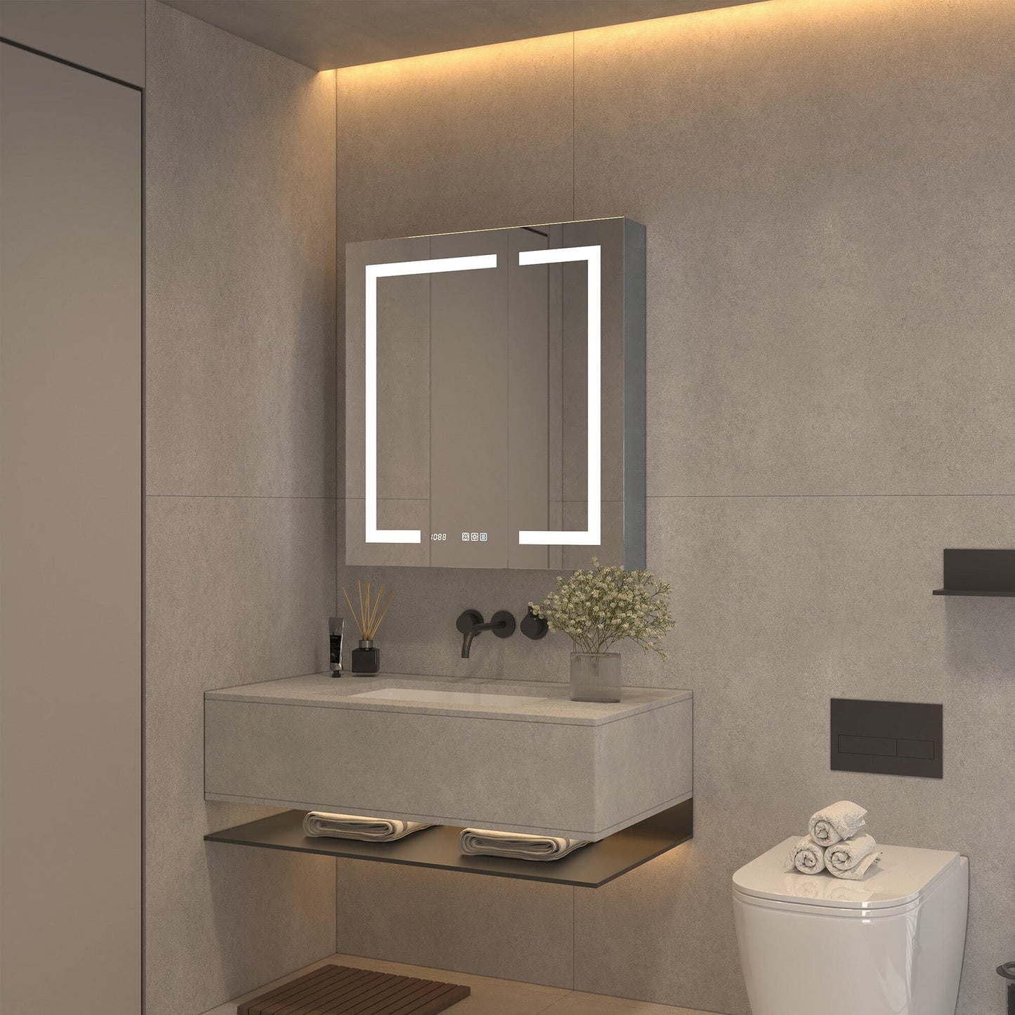 ExBrite 30-in x 32-in Lighted LED Fog Free Surface/Recessed Mount Silver Mirrored Soft Close Medicine Cabinet with Outlet
