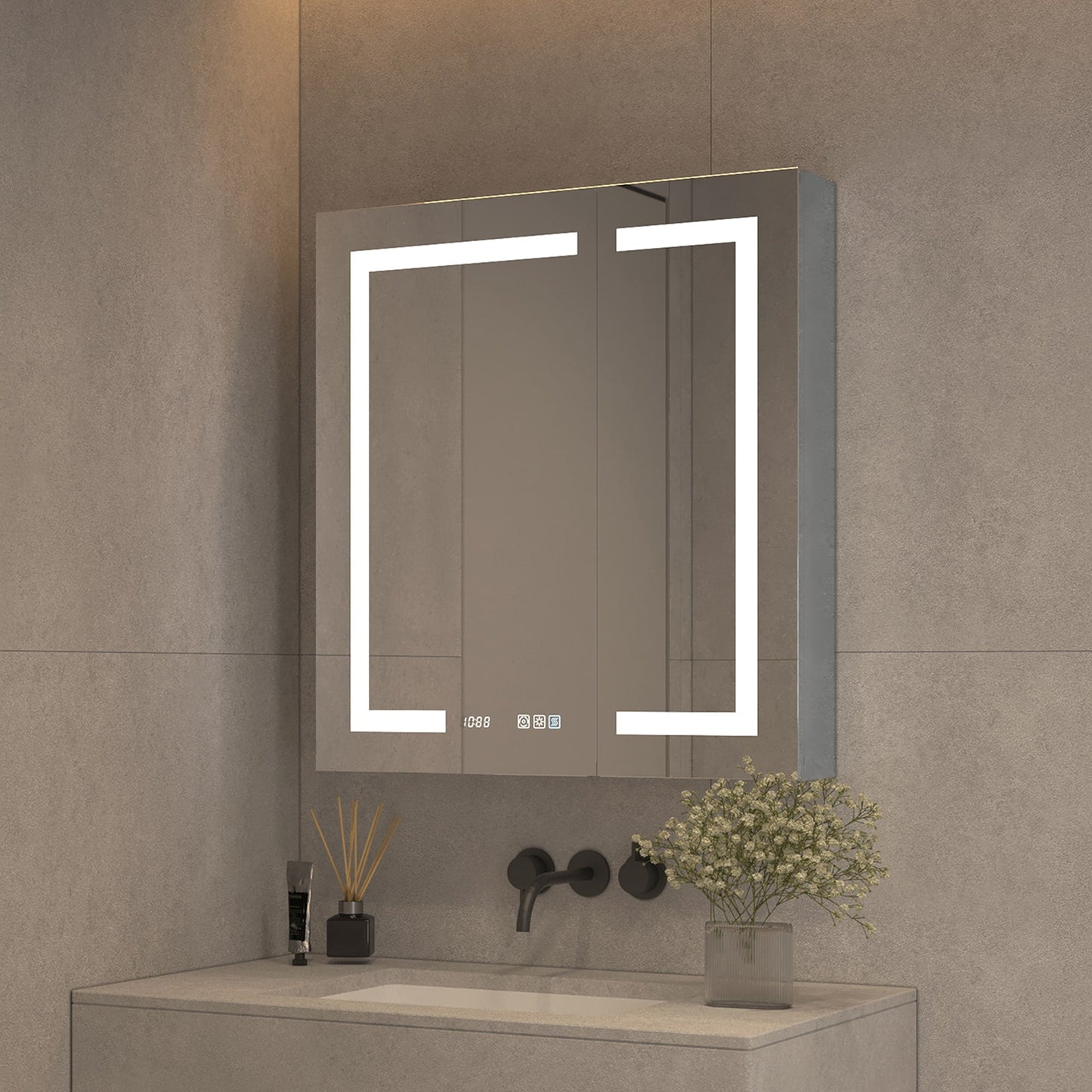 ExBrite 30-in x 32-in Lighted LED Fog Free Surface/Recessed Mount Silver Mirrored Soft Close Medicine Cabinet with Outlet