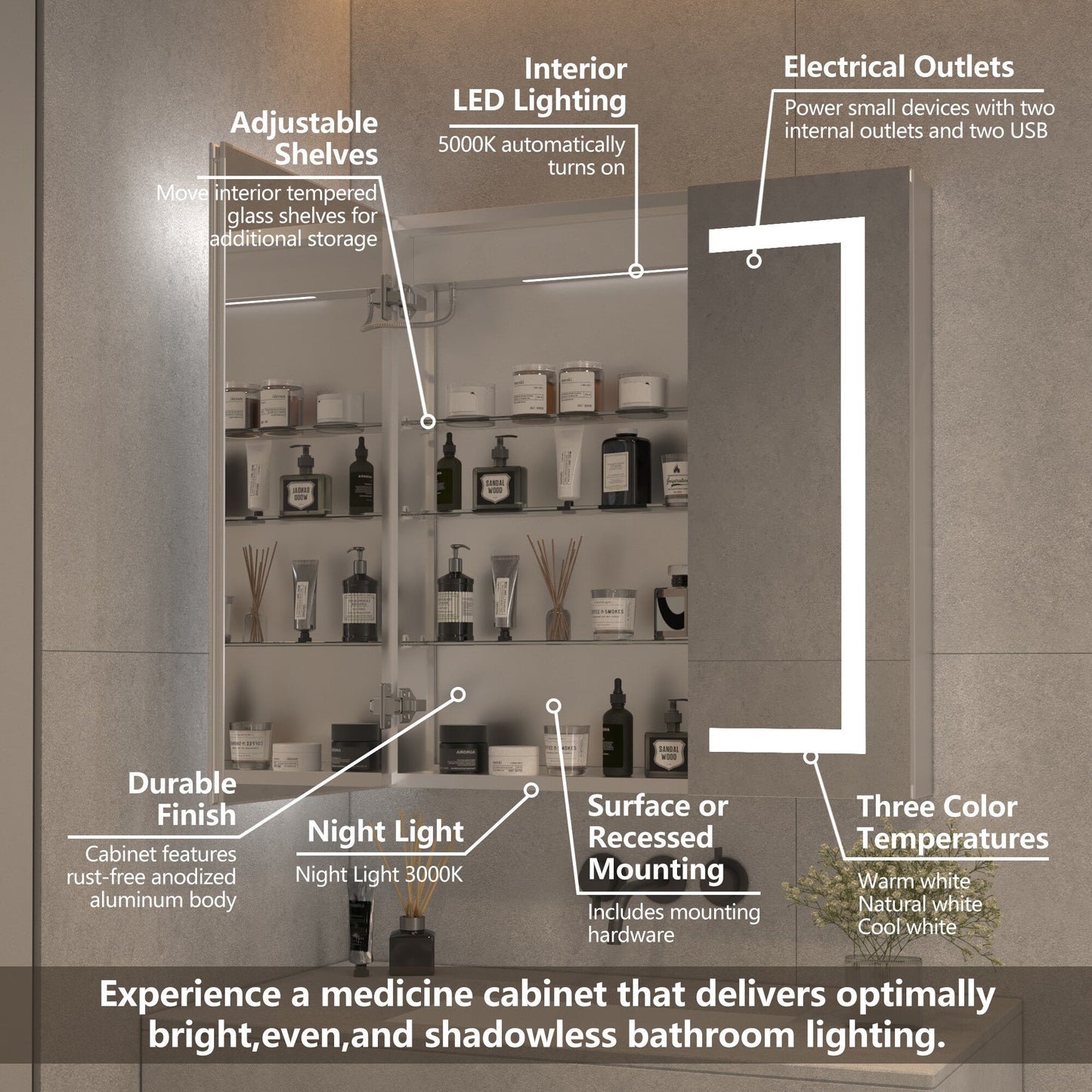 ExBrite 30-in x 32-in Lighted LED Fog Free Surface/Recessed Mount Silver Mirrored Soft Close Medicine Cabinet with Outlet