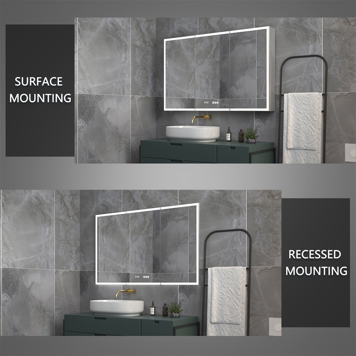 ExBrite 48-in x 30-in Lighted LED Fog Free Surface/Recessed Mount Silver Mirrored Soft Close Medicine Cabinet with Outlet