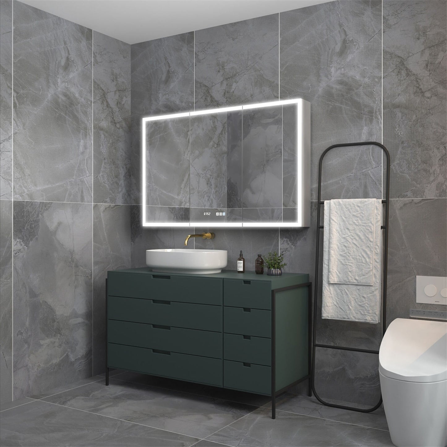 ExBrite 48-in x 30-in Lighted LED Fog Free Surface/Recessed Mount Silver Mirrored Soft Close Medicine Cabinet with Outlet