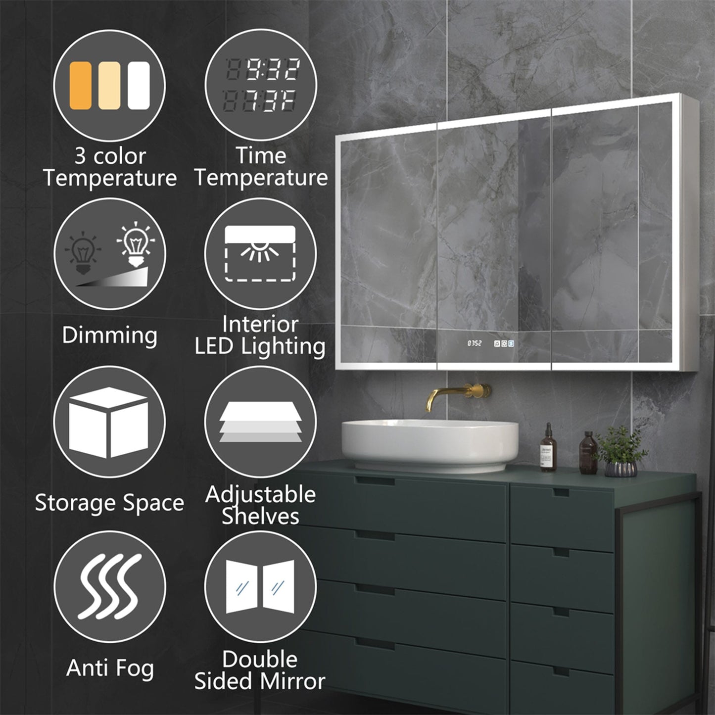 ExBrite 48-in x 30-in Lighted LED Fog Free Surface/Recessed Mount Silver Mirrored Soft Close Medicine Cabinet with Outlet