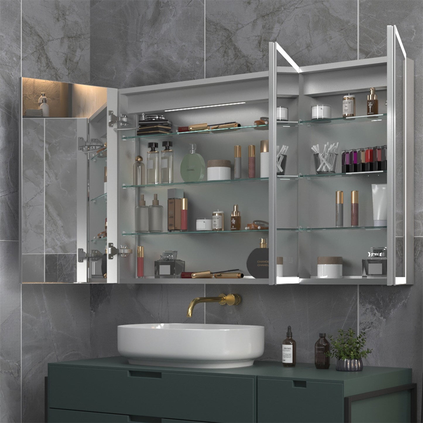 ExBrite 48-in x 30-in Lighted LED Fog Free Surface/Recessed Mount Silver Mirrored Soft Close Medicine Cabinet with Outlet