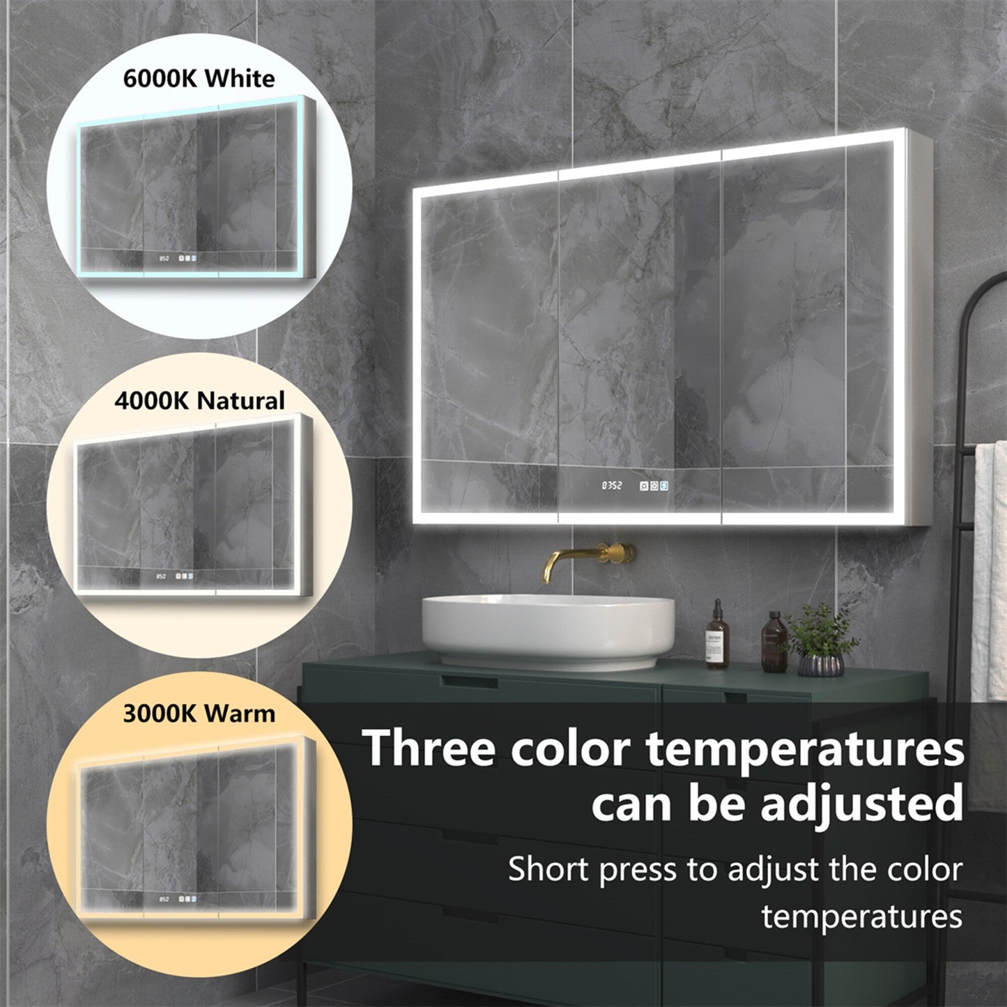 ExBrite 48-in x 30-in Lighted LED Fog Free Surface/Recessed Mount Silver Mirrored Soft Close Medicine Cabinet with Outlet