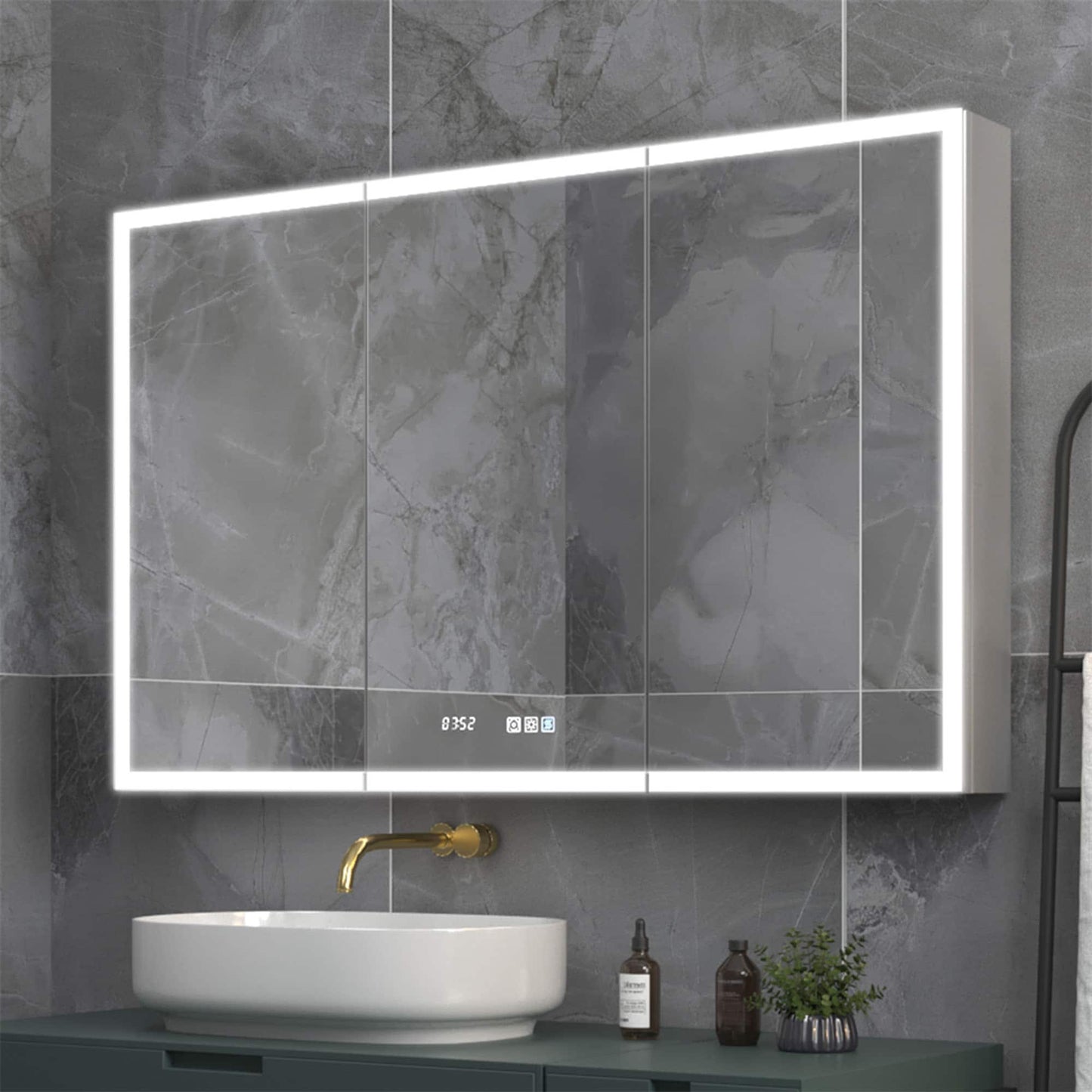 ExBrite 48-in x 30-in Lighted LED Fog Free Surface/Recessed Mount Silver Mirrored Soft Close Medicine Cabinet with Outlet