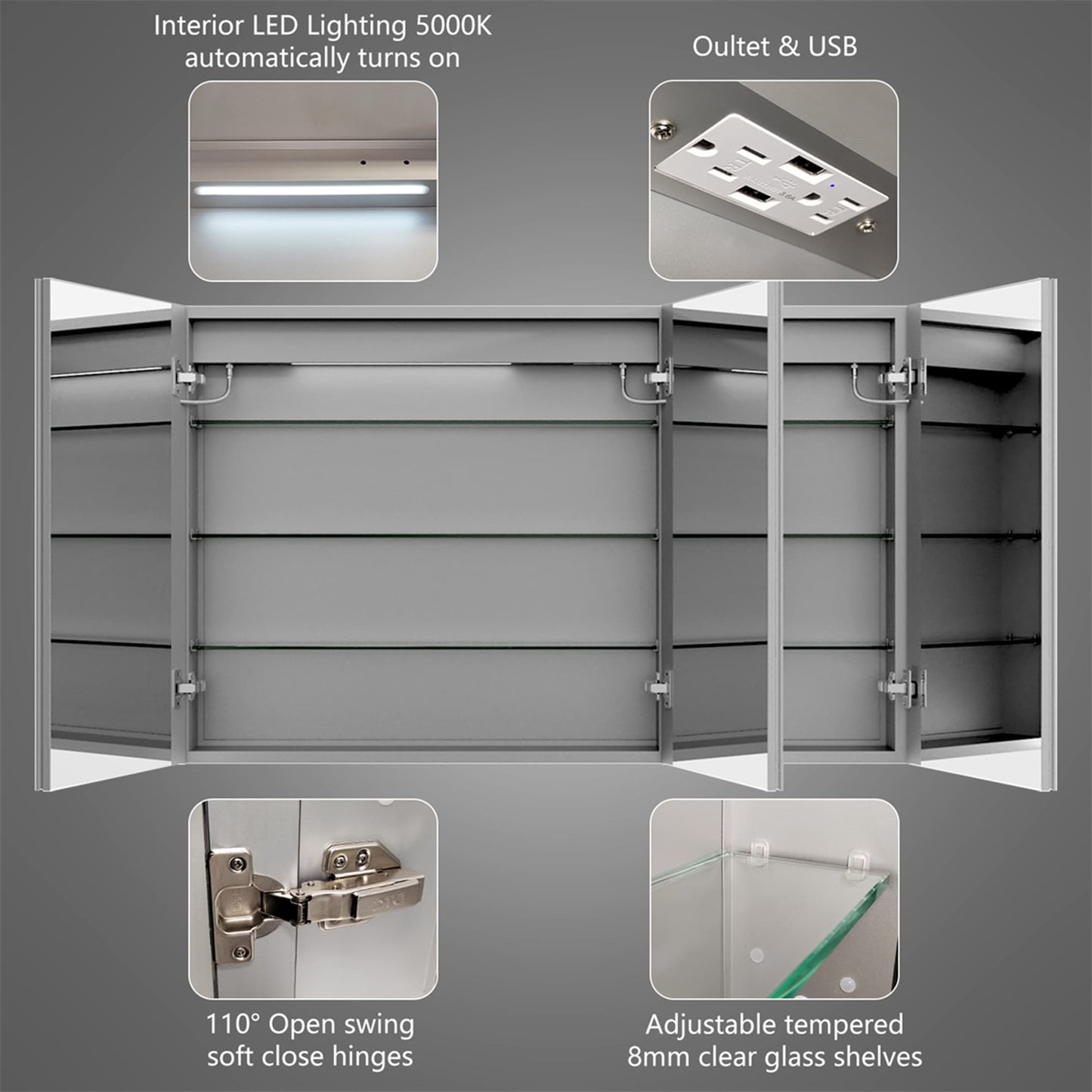 ExBrite 48-in x 30-in Lighted LED Fog Free Surface/Recessed Mount Silver Mirrored Soft Close Medicine Cabinet with Outlet