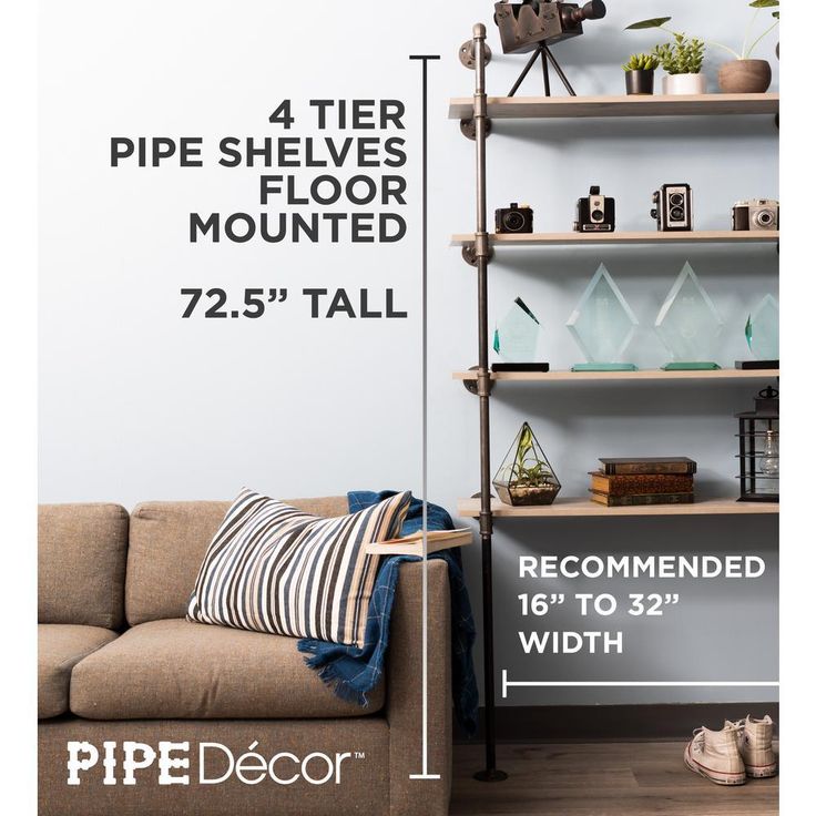 1/2 in. Black Steel Pipe 11.75 in. D x 72.5 in. H Floor Mounted 4-Tier Shelf Kit