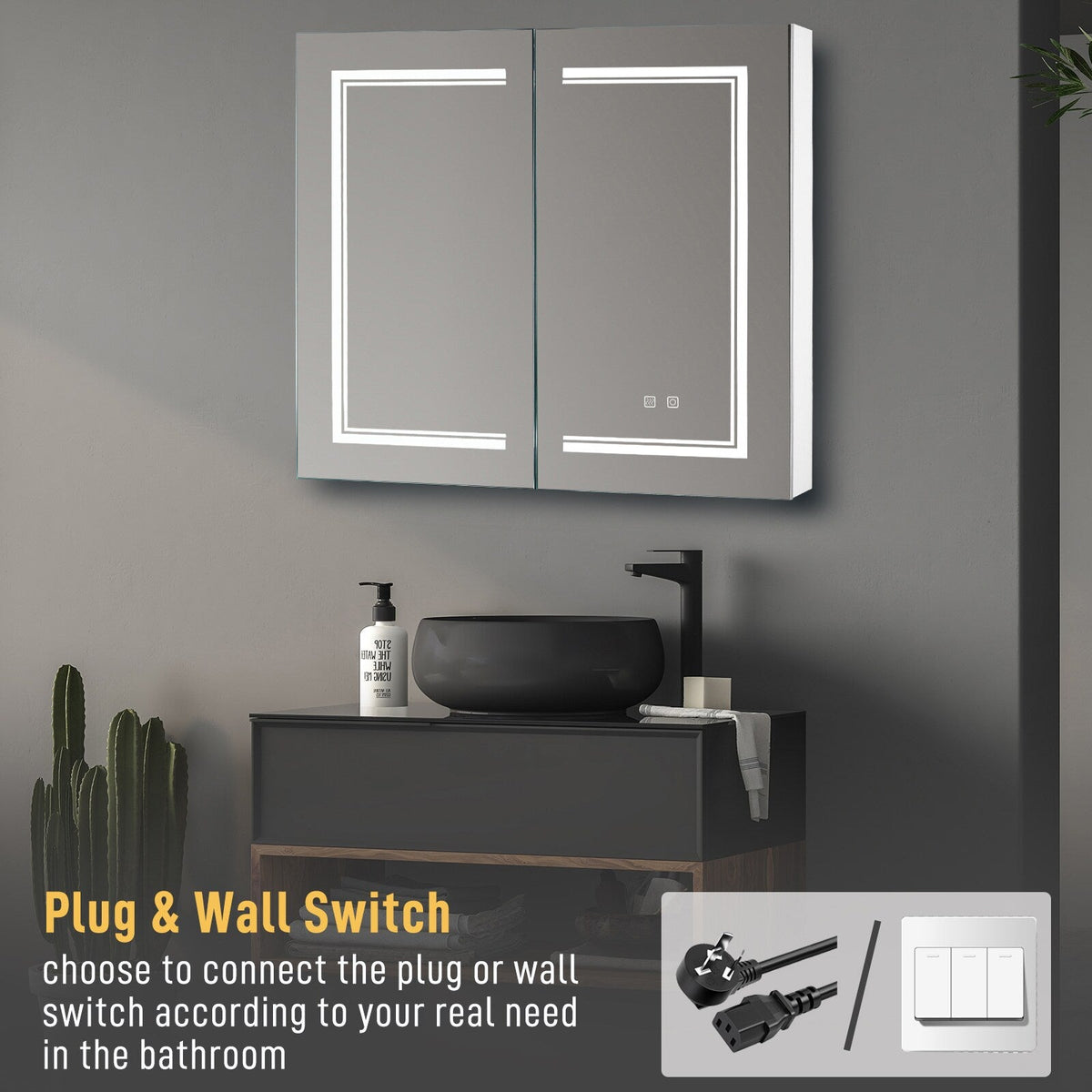 Winado 32-in x 28-in Lighted LED Fog Free Surface/Recessed Mount White Mirrored Medicine Cabinet with Outlet