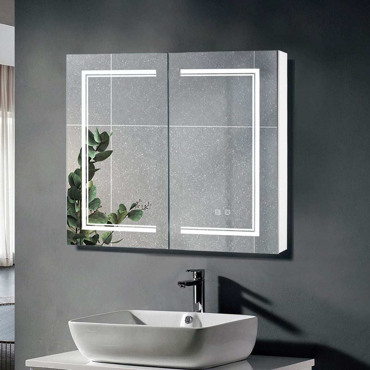 Winado 32-in x 28-in Lighted LED Fog Free Surface/Recessed Mount White Mirrored Medicine Cabinet with Outlet