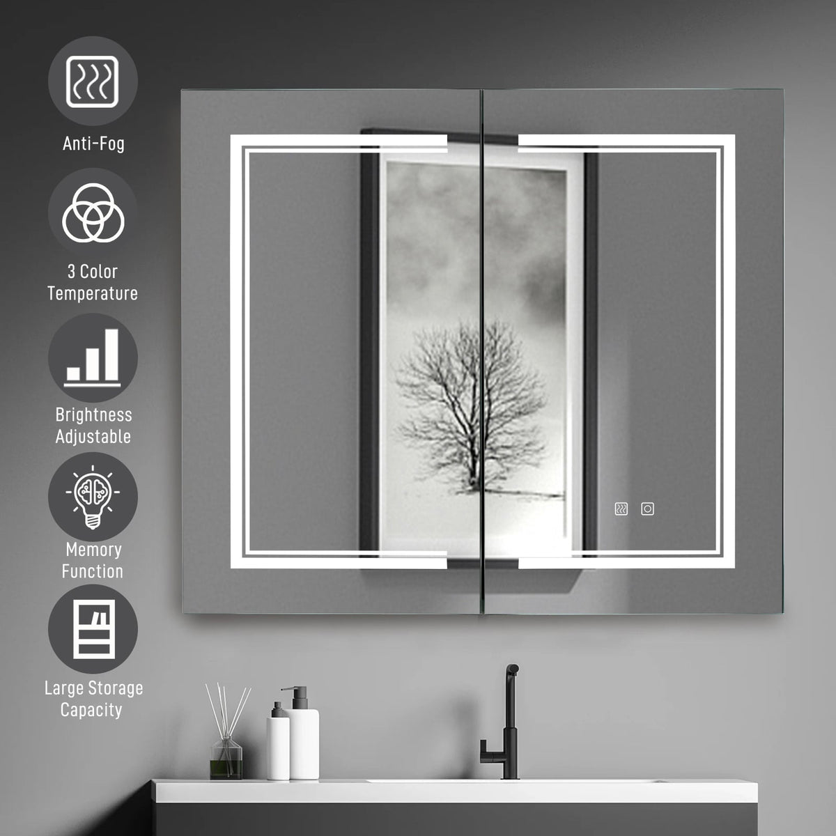 Winado 32-in x 28-in Lighted LED Fog Free Surface/Recessed Mount White Mirrored Medicine Cabinet with Outlet
