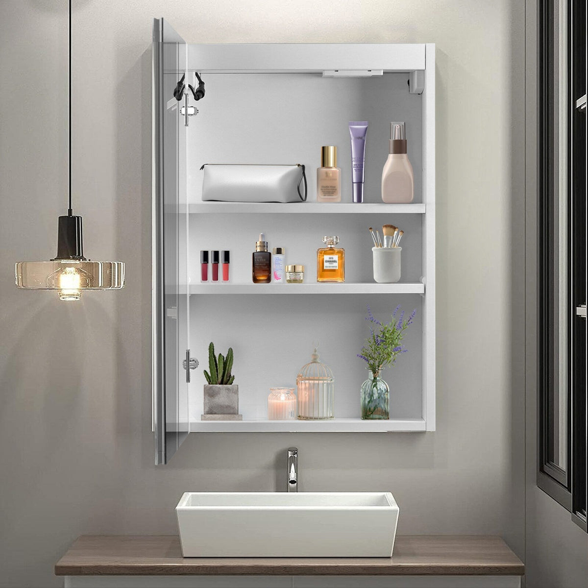 Winado 20-in x 28-in Lighted LED Fog Free Surface/Recessed Mount White Mirrored Medicine Cabinet with Outlet