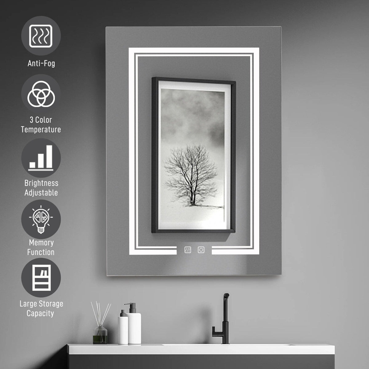 Winado 20-in x 28-in Lighted LED Fog Free Surface/Recessed Mount White Mirrored Medicine Cabinet with Outlet