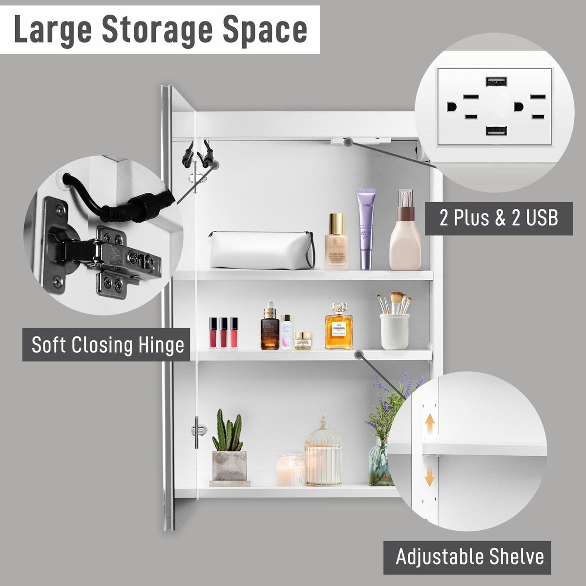 Winado 20-in x 28-in Lighted LED Fog Free Surface/Recessed Mount White Mirrored Medicine Cabinet with Outlet