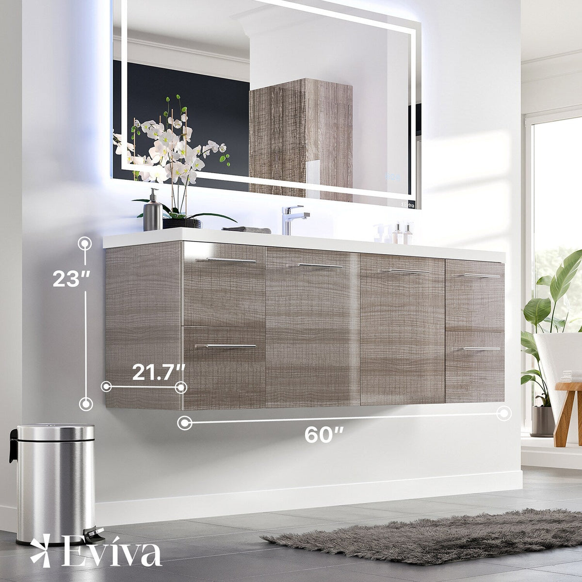 Eviva Axel 60 in. W x 21.7 in. D x 23 in. H Floating Bathroom Vanity in Ash with White Acrylic Top