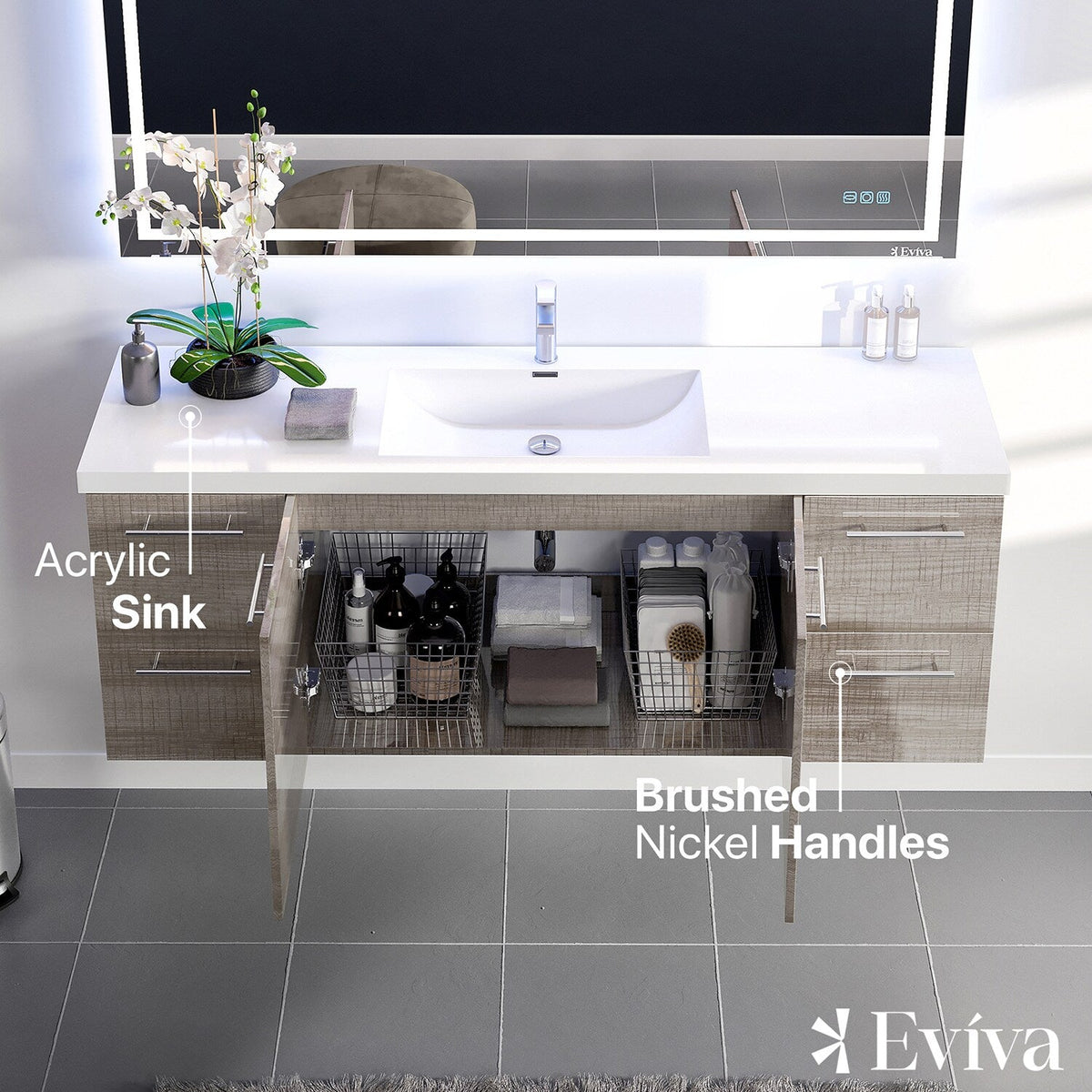 Eviva Axel 60 in. W x 21.7 in. D x 23 in. H Floating Bathroom Vanity in Ash with White Acrylic Top
