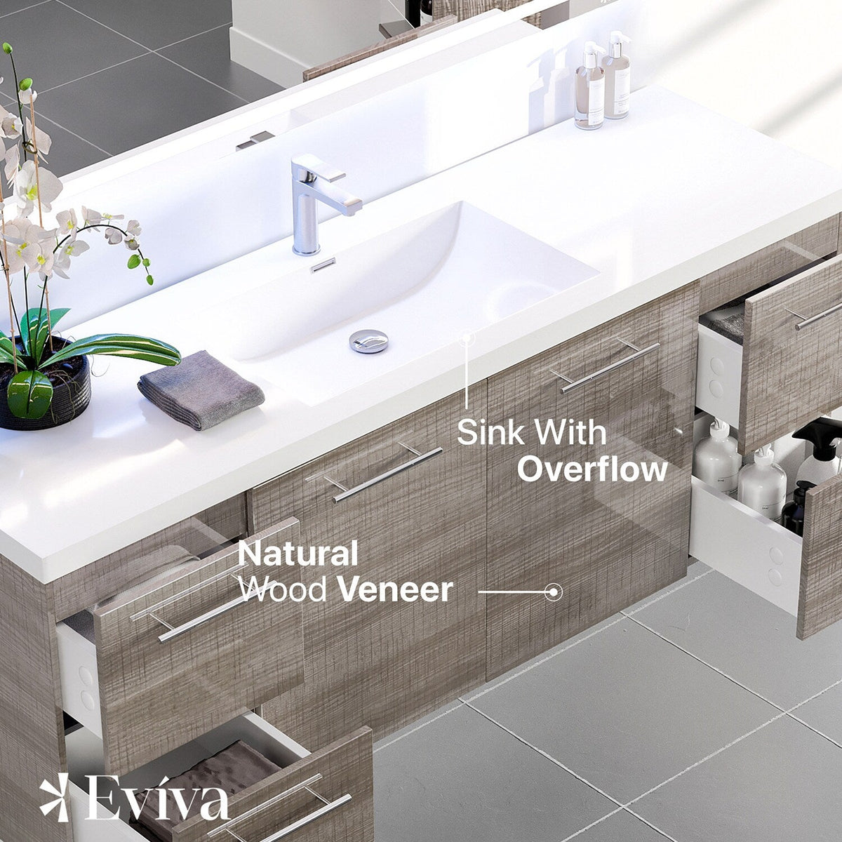 Eviva Axel 60 in. W x 21.7 in. D x 23 in. H Floating Bathroom Vanity in Ash with White Acrylic Top