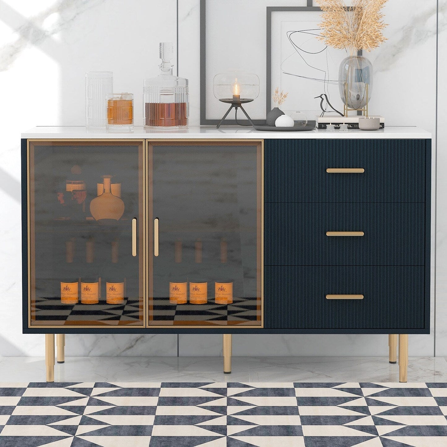 GZMR Modern Sideboard MDF Buffet Cabinet, Navy Blue Contemporary/Modern Navy Blue Sideboard