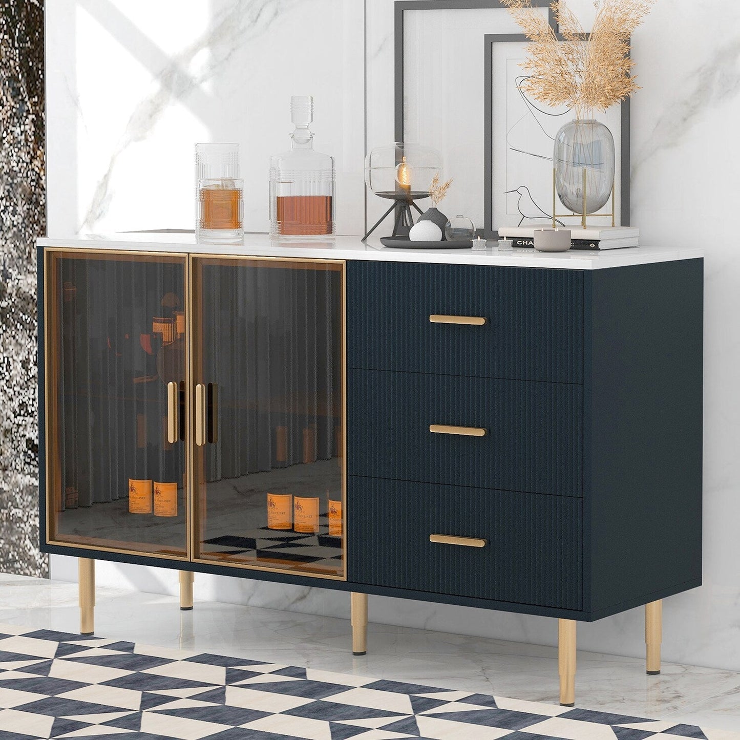 GZMR Modern Sideboard MDF Buffet Cabinet, Navy Blue Contemporary/Modern Navy Blue Sideboard