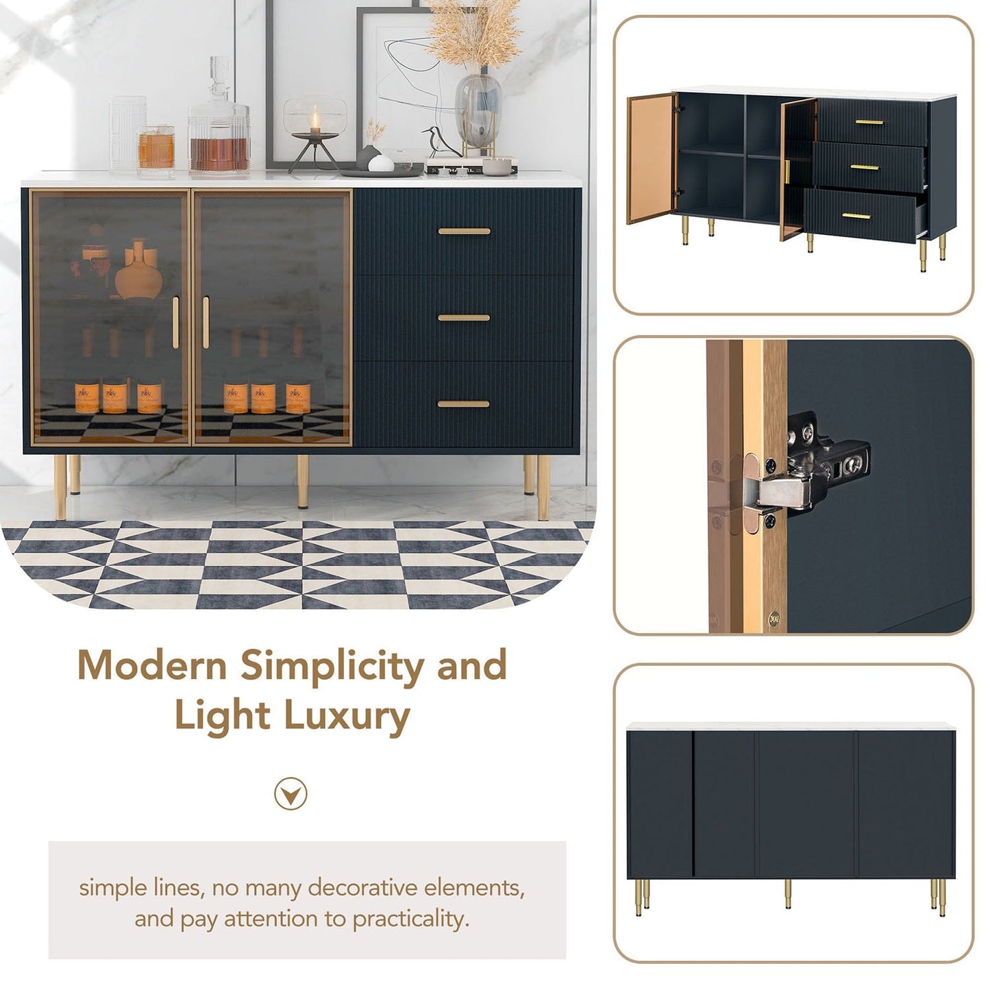 GZMR Modern Sideboard MDF Buffet Cabinet, Navy Blue Contemporary/Modern Navy Blue Sideboard