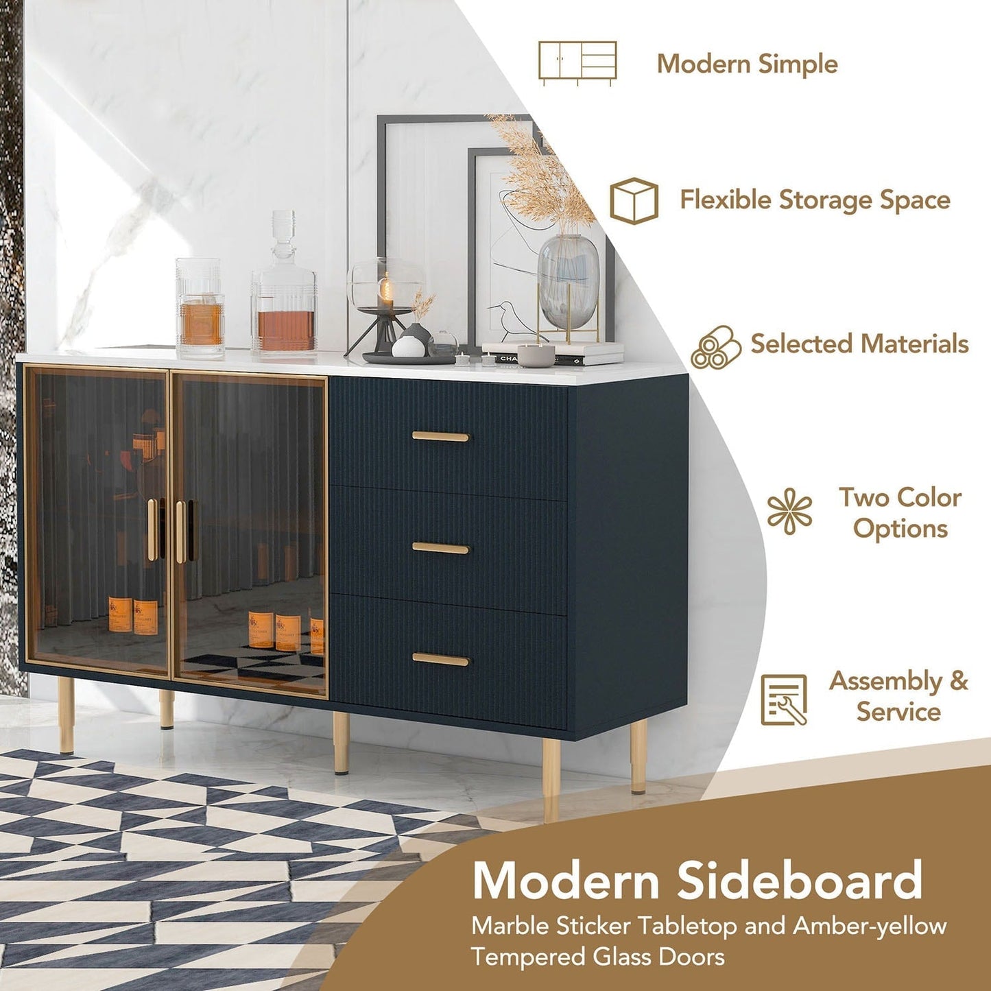 GZMR Modern Sideboard MDF Buffet Cabinet, Navy Blue Contemporary/Modern Navy Blue Sideboard