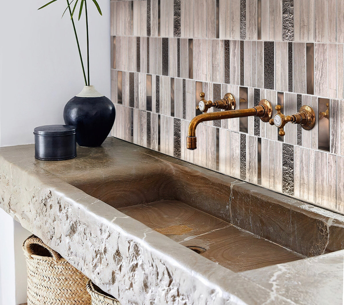 Apollo Tile (Sample) Floor and Wall Tile Brown and Beige 4-in x 4-in Polished Glass/Metal/Stone Quartz Linear Patterned Floor and Wall Tile